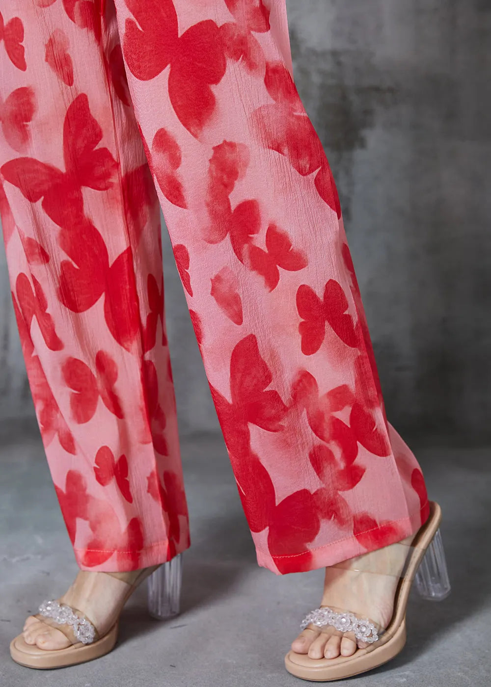 Red Print Silk Straight Pants Summer