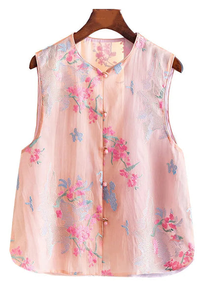 New Pink O-neck Embroidered Button Silk Waistcoat Sleeveless