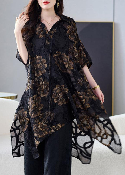 Black Asymmetrical Silk Blouse Tops Summer