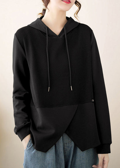 Black Patchwork Cotton Hooded Pullover Asymmetrical Fall