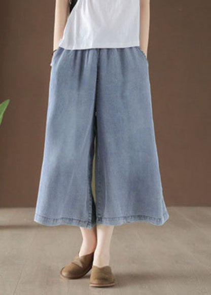 Light Blue High Waist Draping Cotton Denim Wide Leg Pants Summer