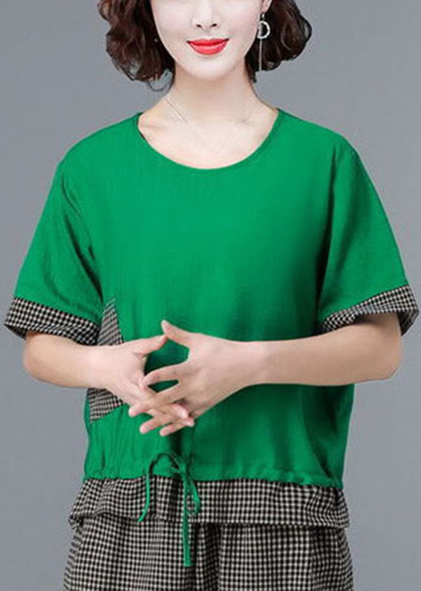 Style Green Asymmetrical Design Patchwork Linen Tops and Harem Pants Two Pieces Set Short Sleeve