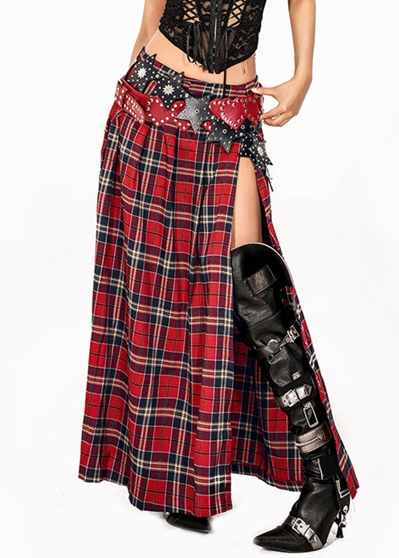 Red Asymmetrical Red Plaid Side Open a Line Skirt Summer