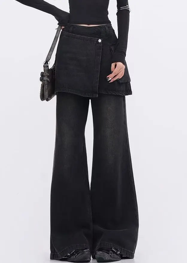 Modern Black False Two Pieces Patchwork Denim Flared Trousers Spring