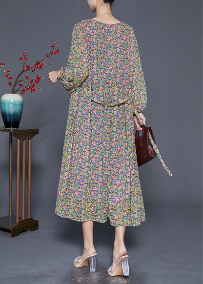 Print Tie Waist Chiffon Holiday Dress Bracelet Sleeve