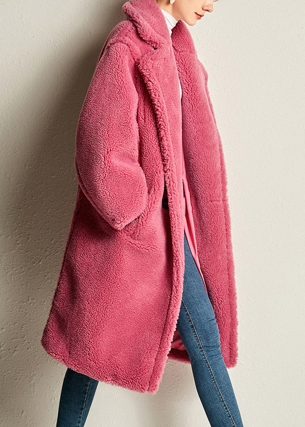 Rose Notched Pockets Cozy Loose Faux Fur Coat Long Sleeve