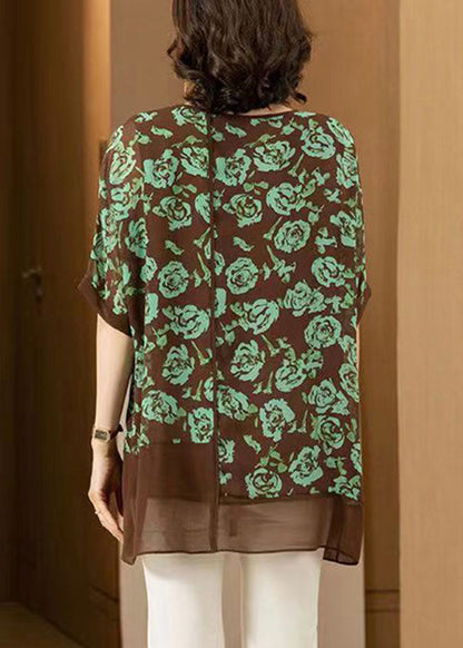 Green O Neck Print Patchwork Chiffon T Shirt Summer