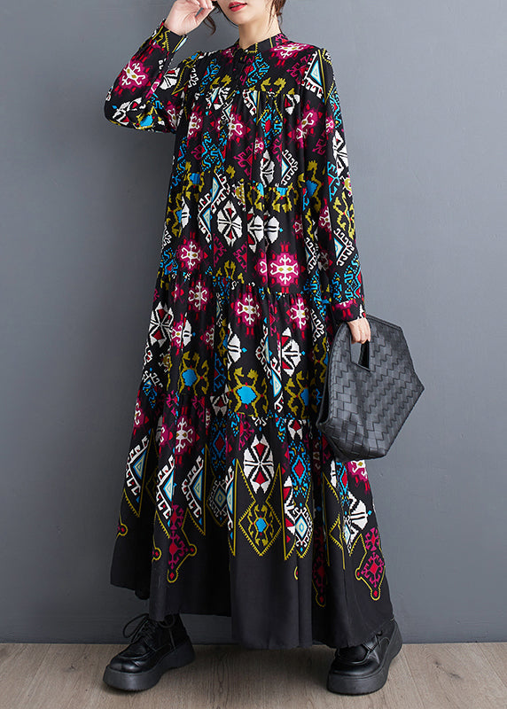 Oversized Black Stand Collar Print Wrinkled Chiffon Dresses Long Sleeve