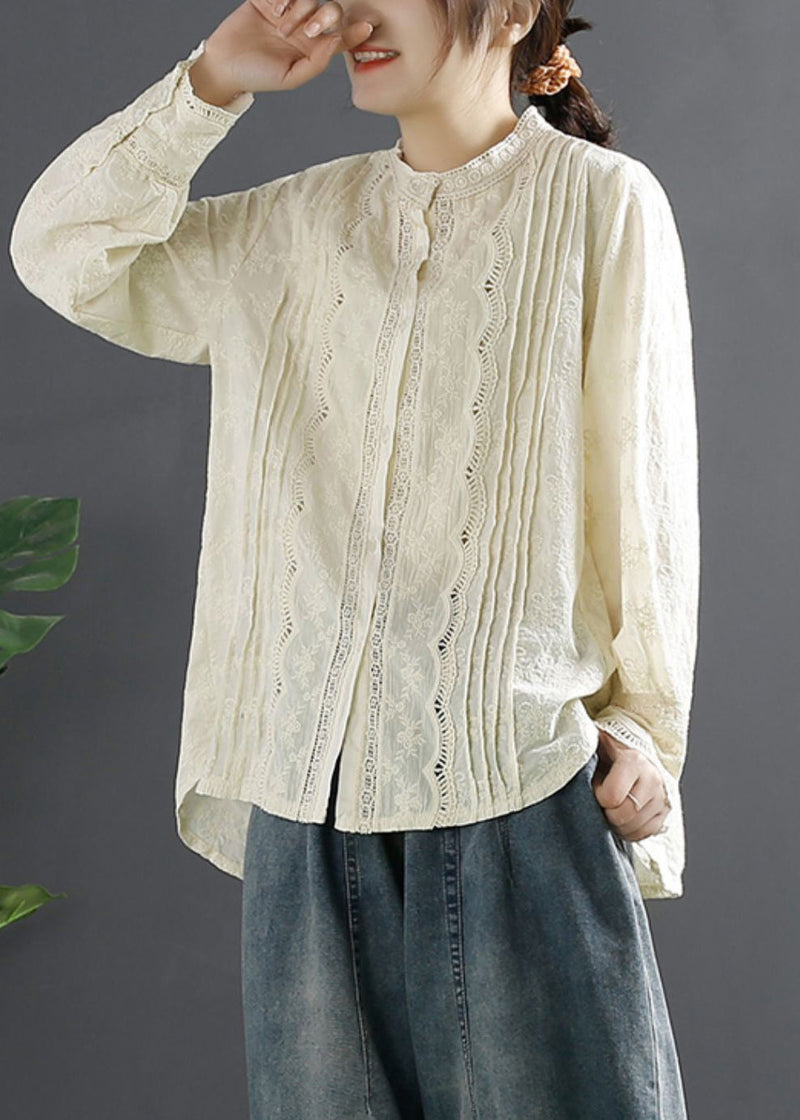 Stylish Beige Embroideried Hollow Out Cotton Shirt Tops Spring