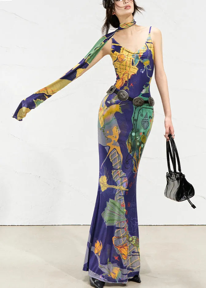 Blue Print Maxi Spaghetti Strap Dresses Summer