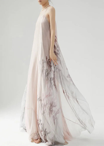 Pink Wrinkled Print Silk Spaghetti Strap Dress Sleeveless