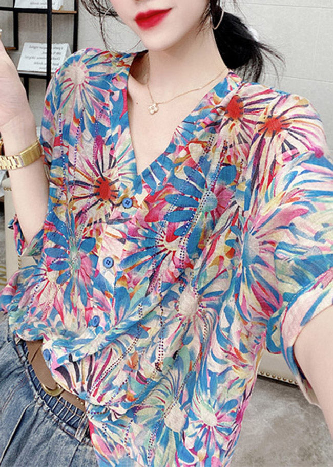 Blue V Neck Button Print Linen Shirts Top Half Sleeve