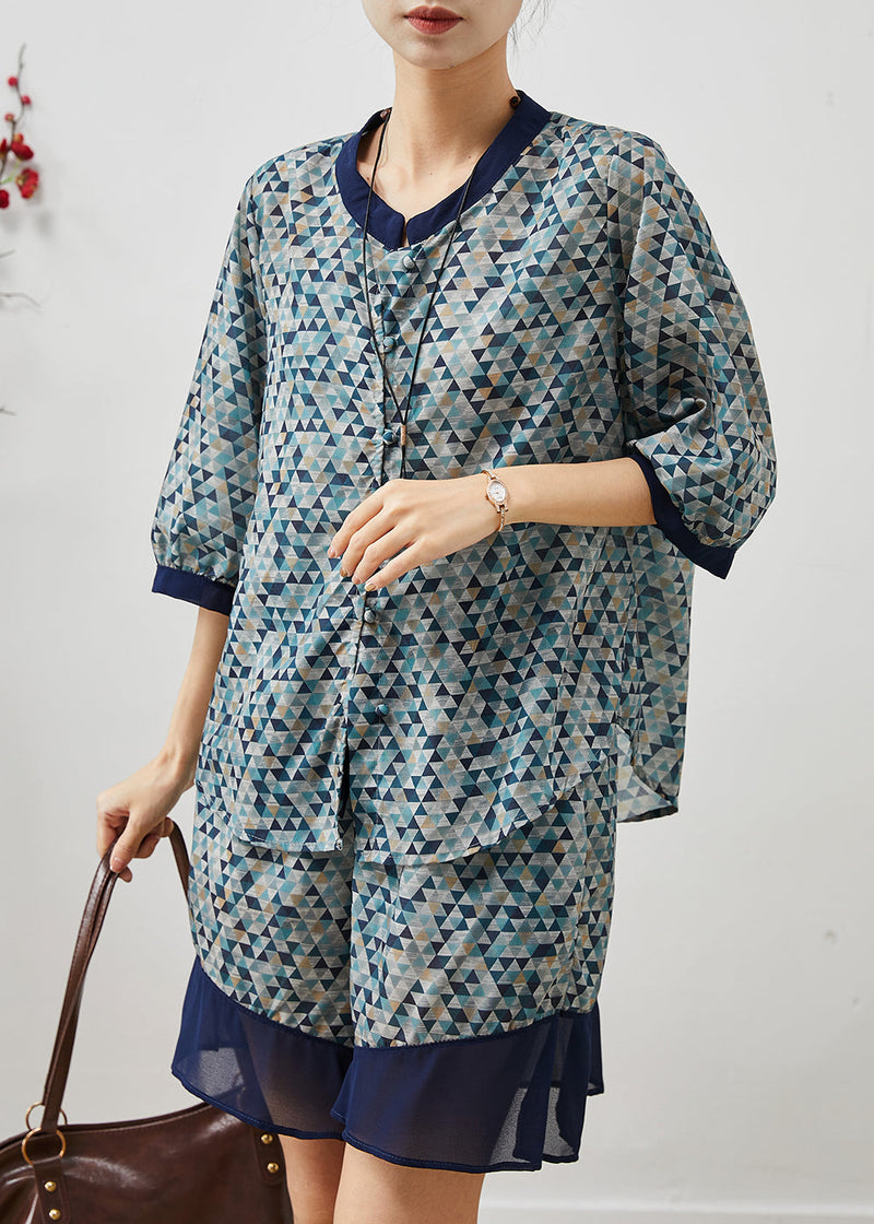 Unique Blue Print Patchwork Linen Sets 2 Pieces Summer