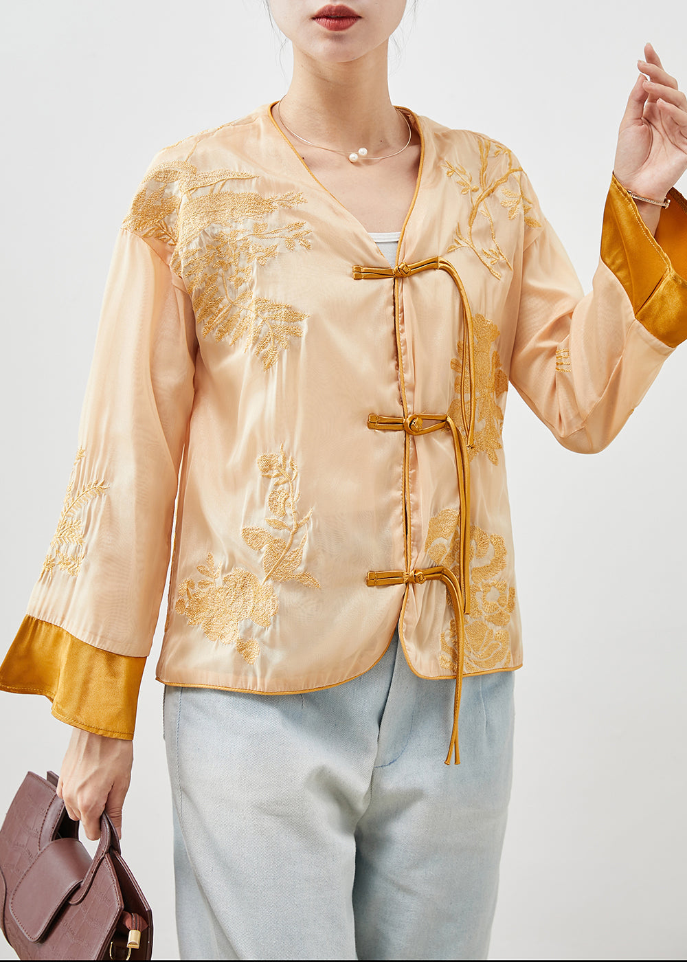 Chinese Style Yellow Embroideried Silk Top Fall