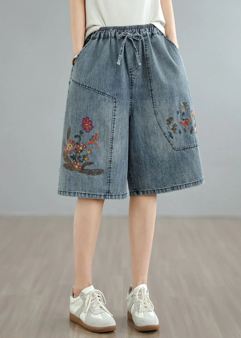 Blue Embroidered Pockets Denim Shorts Summer