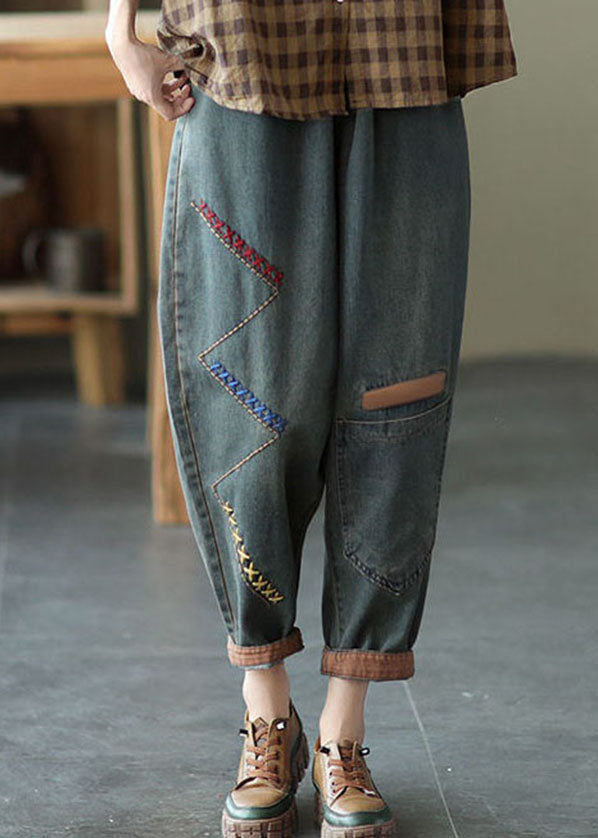 Blue Elastic Waist Asymmetrical Design Embroideried Cotton Jeans Spring