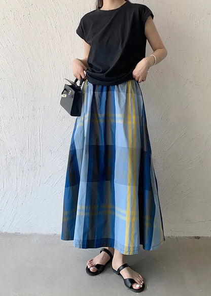 Blue Plaid Exra Large Hem Cotton Skirt Spring