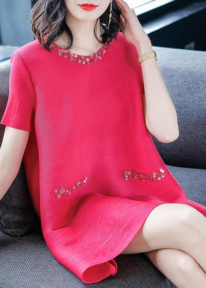 Fine Rose O-neck Nail Bead Summer Mid Dress