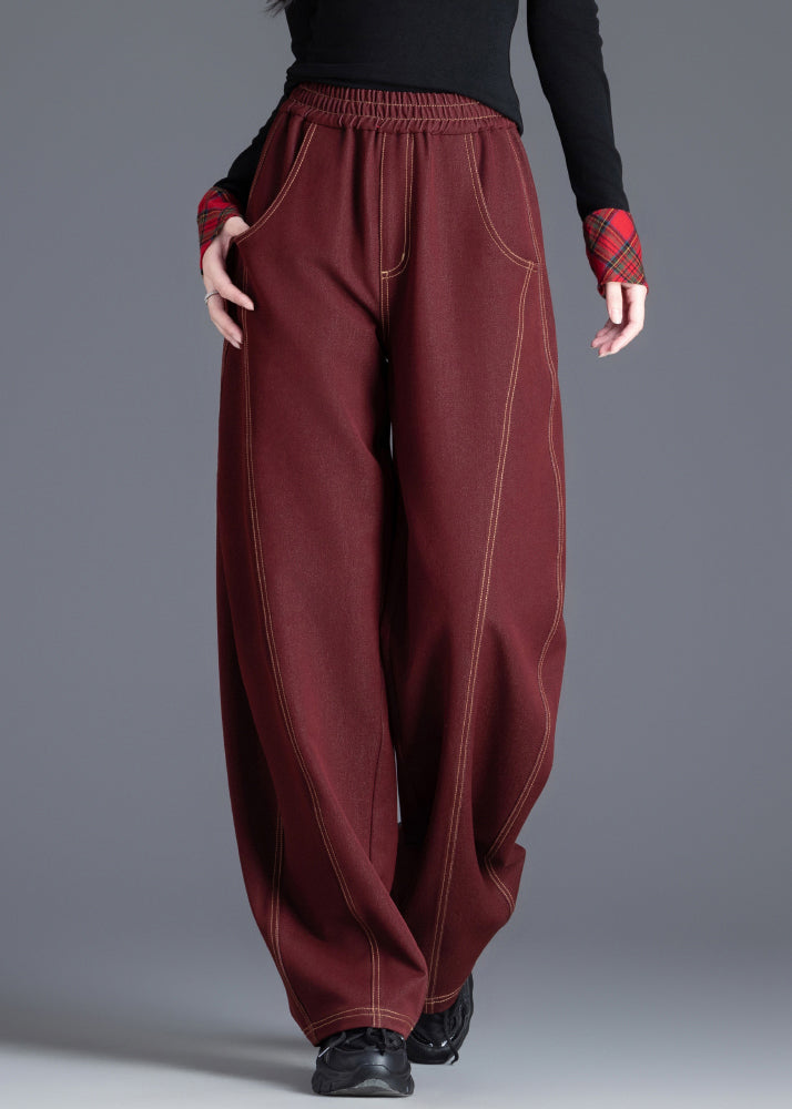 Wine Red Elastic Waist Patchwork Denim Pants Spring