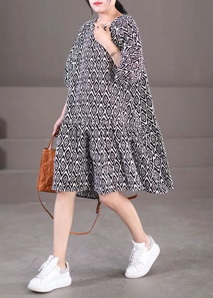 Black Puff Sleeve Plaid Print Patchwork Cotton a Line Dress Summer