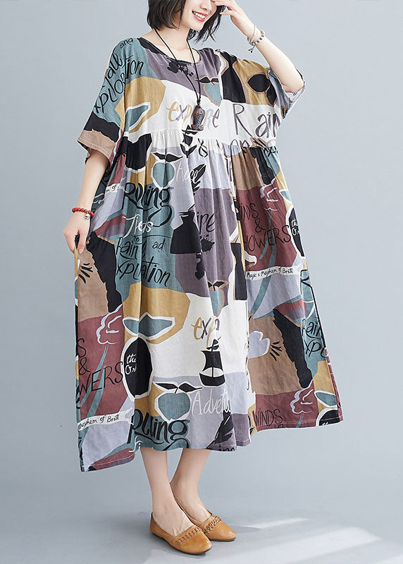 Grey O-neck Print Wrinkled Cotton Maxi Dresses Short Sleeve