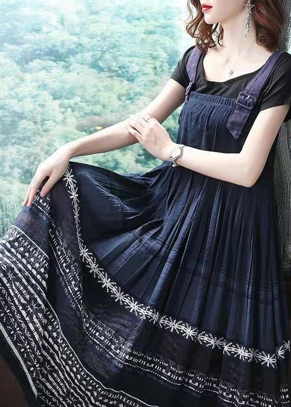 Stylish Navy Wrinkled Print Spaghetti Strap Cotton Maxi Dress Sleeveless