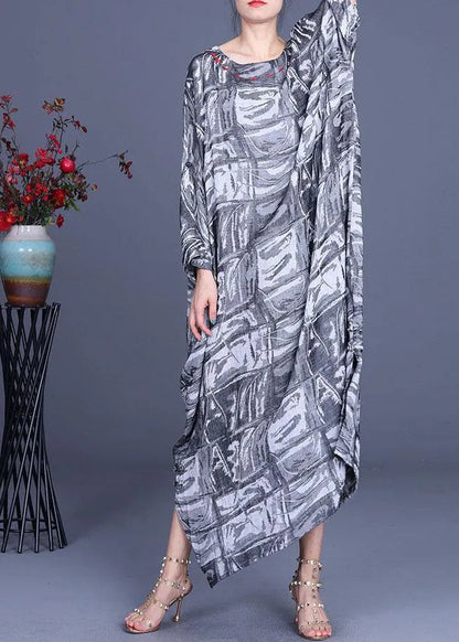 French Grey Print Cotton Linen Side Open Party Dress Summer