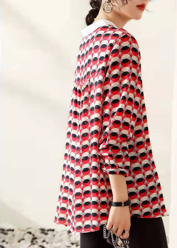 Red Stand Collar Print Chiffon Shirt Top Long Sleeve