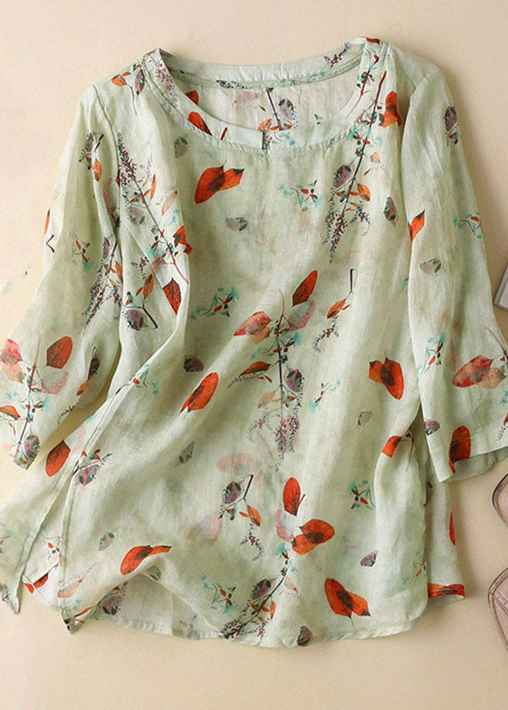 Diy Pink O-neck Print Side Open Cotton Linen Tops Half Sleeve