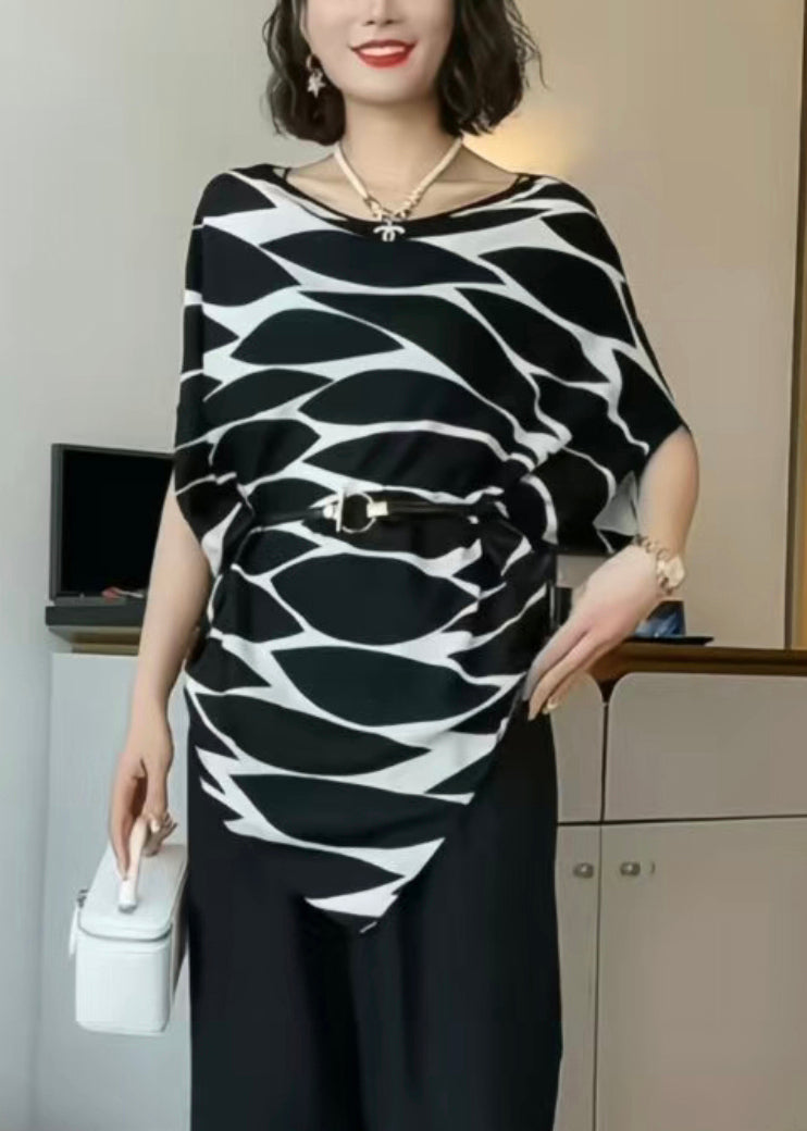 French Black Print Sashes Cotton Shirts Asymmetrical Batwing Sleeve