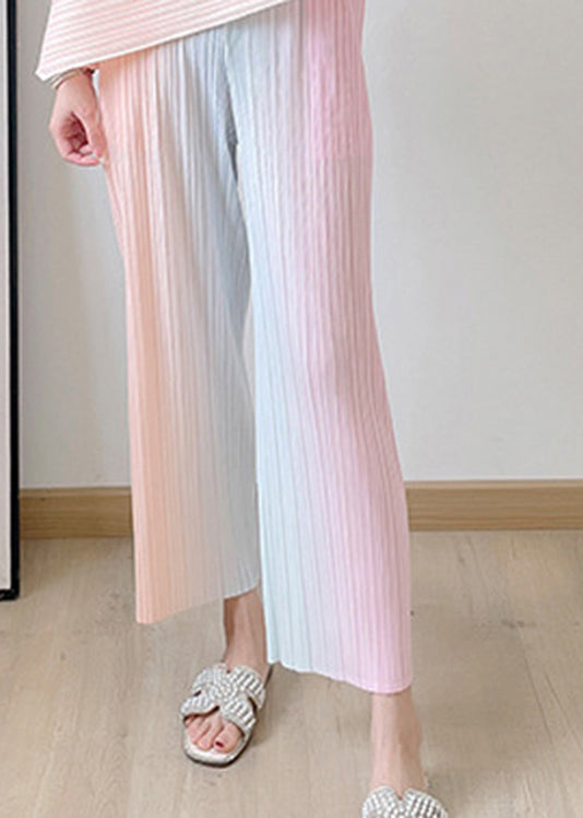 Blue Striped Gradient Color Silk Top and Pants Two Pieces Set Summer