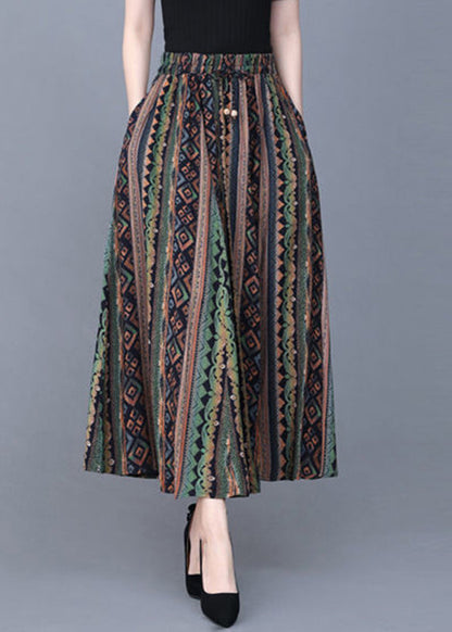Green Striped Pockets Print Satin Skirt Summer