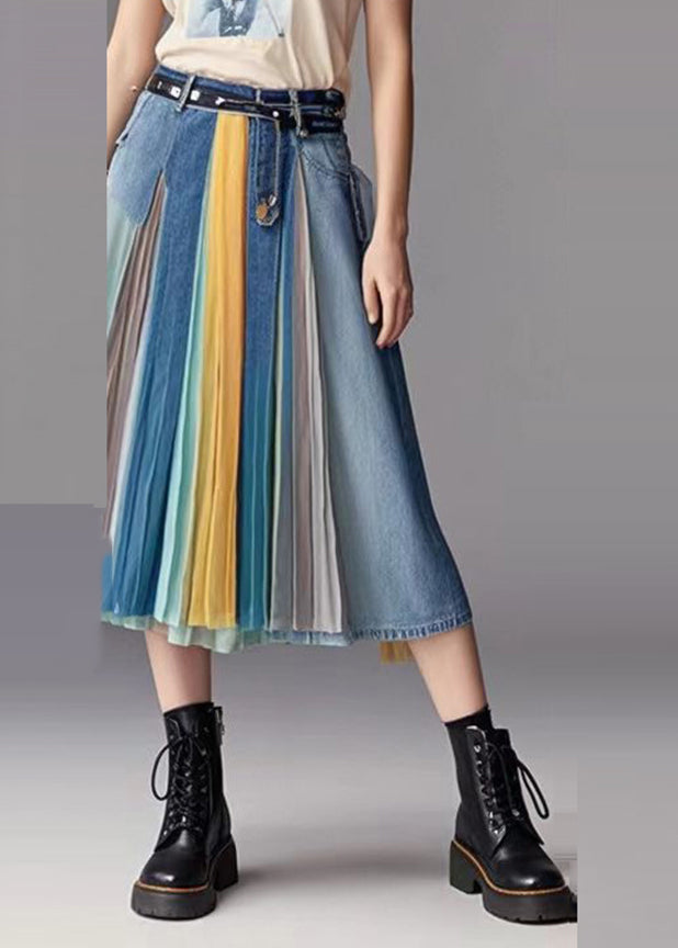 Blue Patchwork Wrinkled Denim Skirts Fall