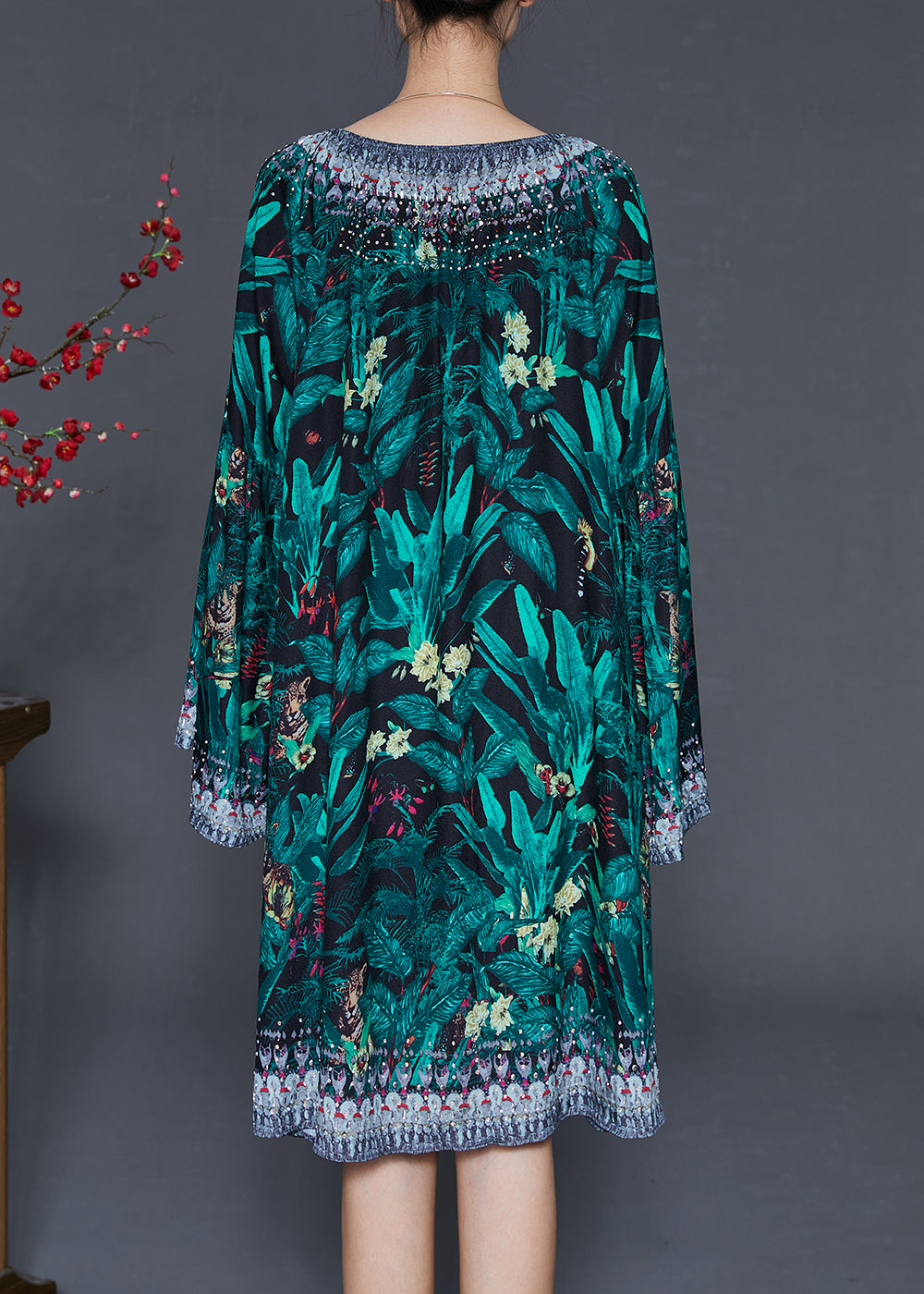 Green Tie Waist Print Chiffon Work Dress Flare Sleeve
