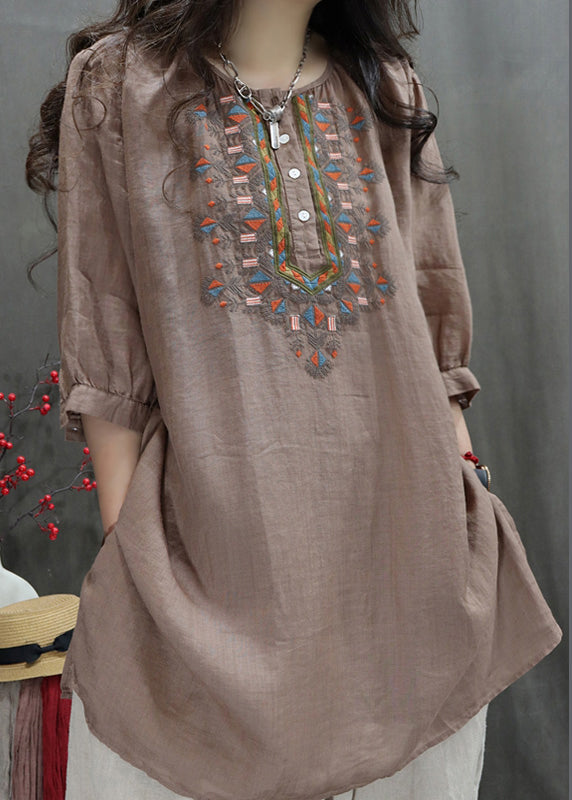 Retro Black O-neck Embroidered Side Open Shirt Half Sleeve