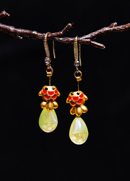 Light Yellow Water Droplet Dog Gilding Drop Earrings
