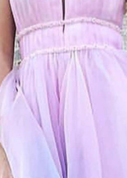 Gradient Color V Neck High Waist Tulle Maxi Dresses Sleeveless
