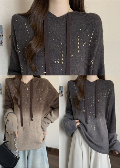 Grey Hooded Tie Dye Knit Pullover Sweatshirt Fall