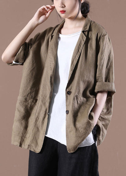 Dark Brown Notched Collar Pockets Linen Coat Long Sleeve