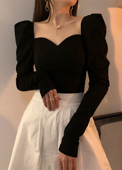 Slim Fit Black Asymmetrical Cotton T Shirt Long Sleeve