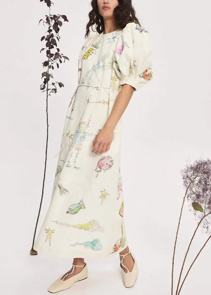 Apricot Print Lace Up Pockets Linen Long Dress Lantern Sleeve