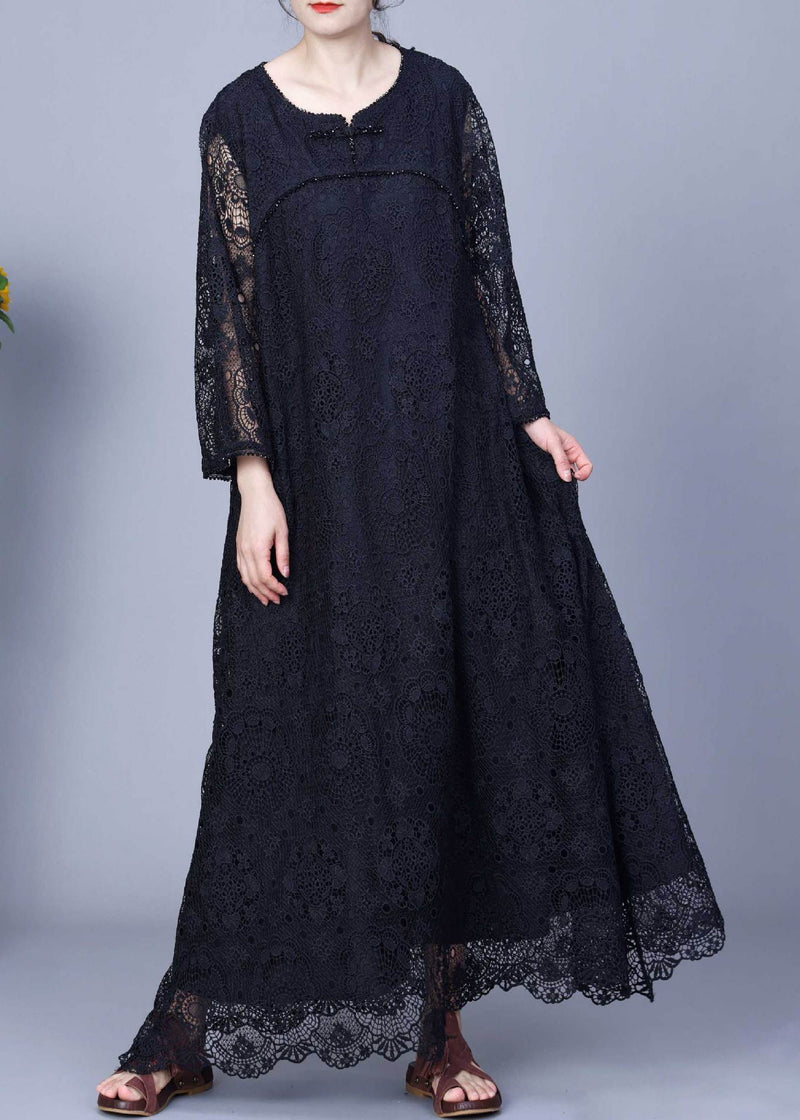 Black Hollow Out Patchwork Lace Long Dresses O-neck Long Sleeve