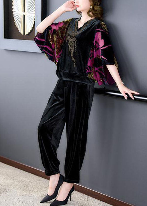 Rose Print Silk Velour Tops and Pants Two Pieces Set V Neck Batwing Sleeve