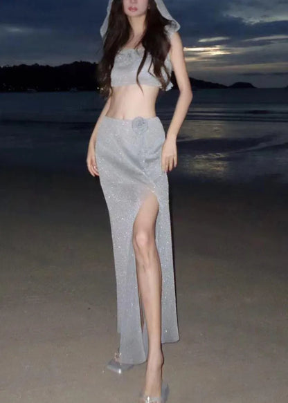Little Grey Sequins Hooded Top and Maxi Skirts Lingerie Set