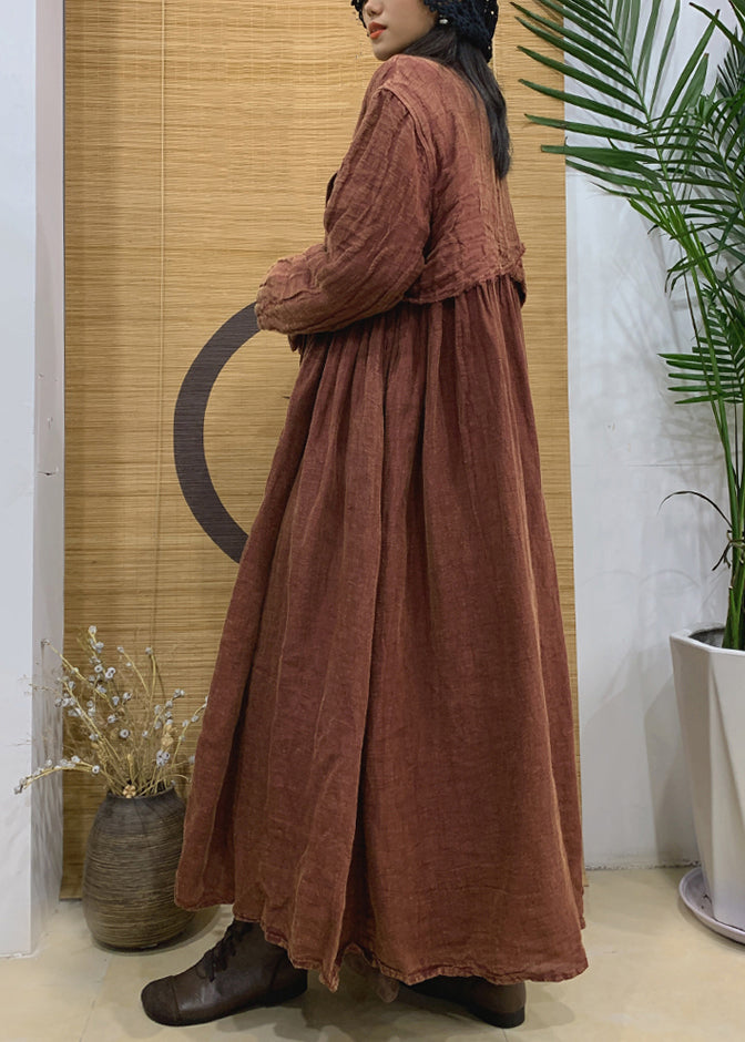 Caramel Notched Button Linen Trench Coat Spring