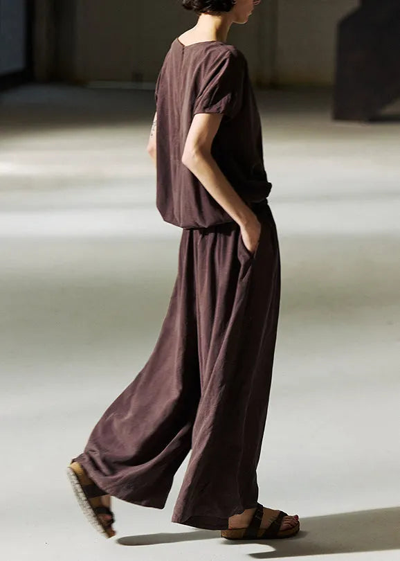 Organic Coffee O Neck Elastic Waist Linen Jumpsuit Summer