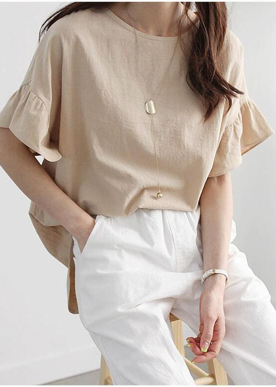 Khaki Oversized Patchwork Ruffles Cotton Tank Tops Summer