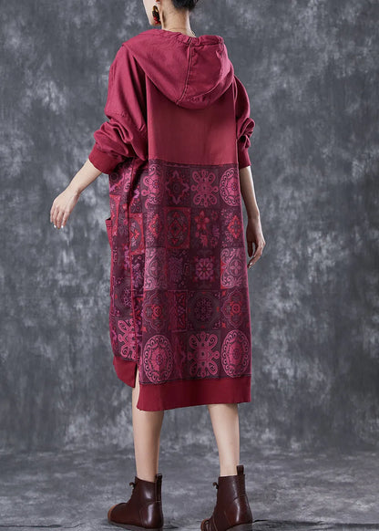 Mulberry Hooded Patchwork Pockets Cotton Sweatshirt Dress Fall