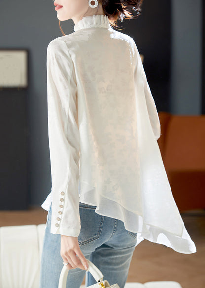 White Ruffled Chinese Button Chiffon Shirt Long Sleeve