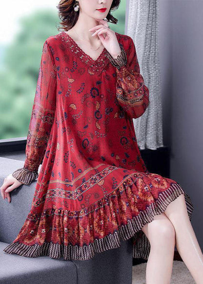 Modern Red V Neck Patchwork Ruffles Print Silk Dresses Long Sleeve Fall